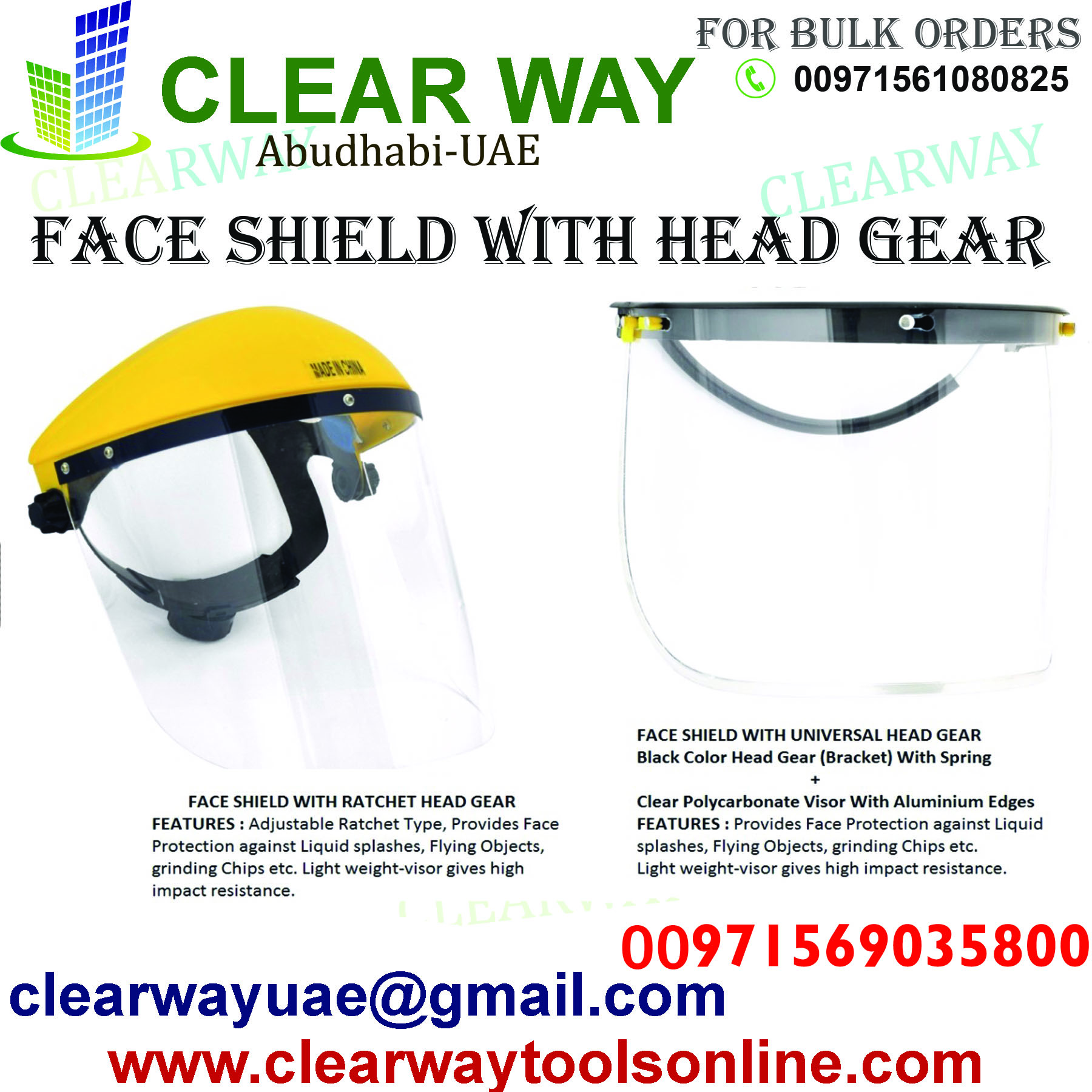 FACE SHIELD WITH HEAD GEAR DEALER IN MUSSAFAH ABUDHABI UAE CLEARWAY