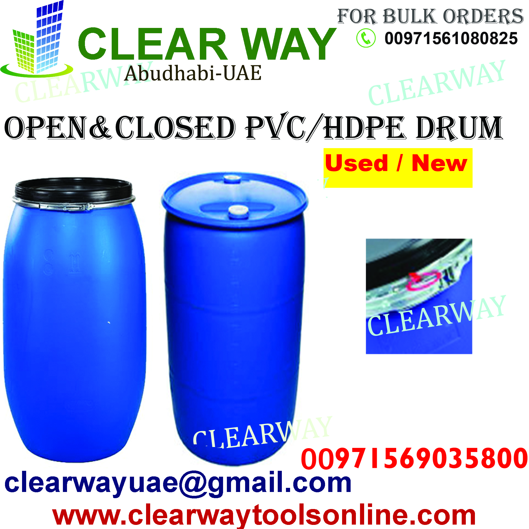 OPEN AND CLOSE PVC OR HDPE DRUM DEALER IN MUSSAFAH , ABUDHABI , UAE BY CLEARWAY