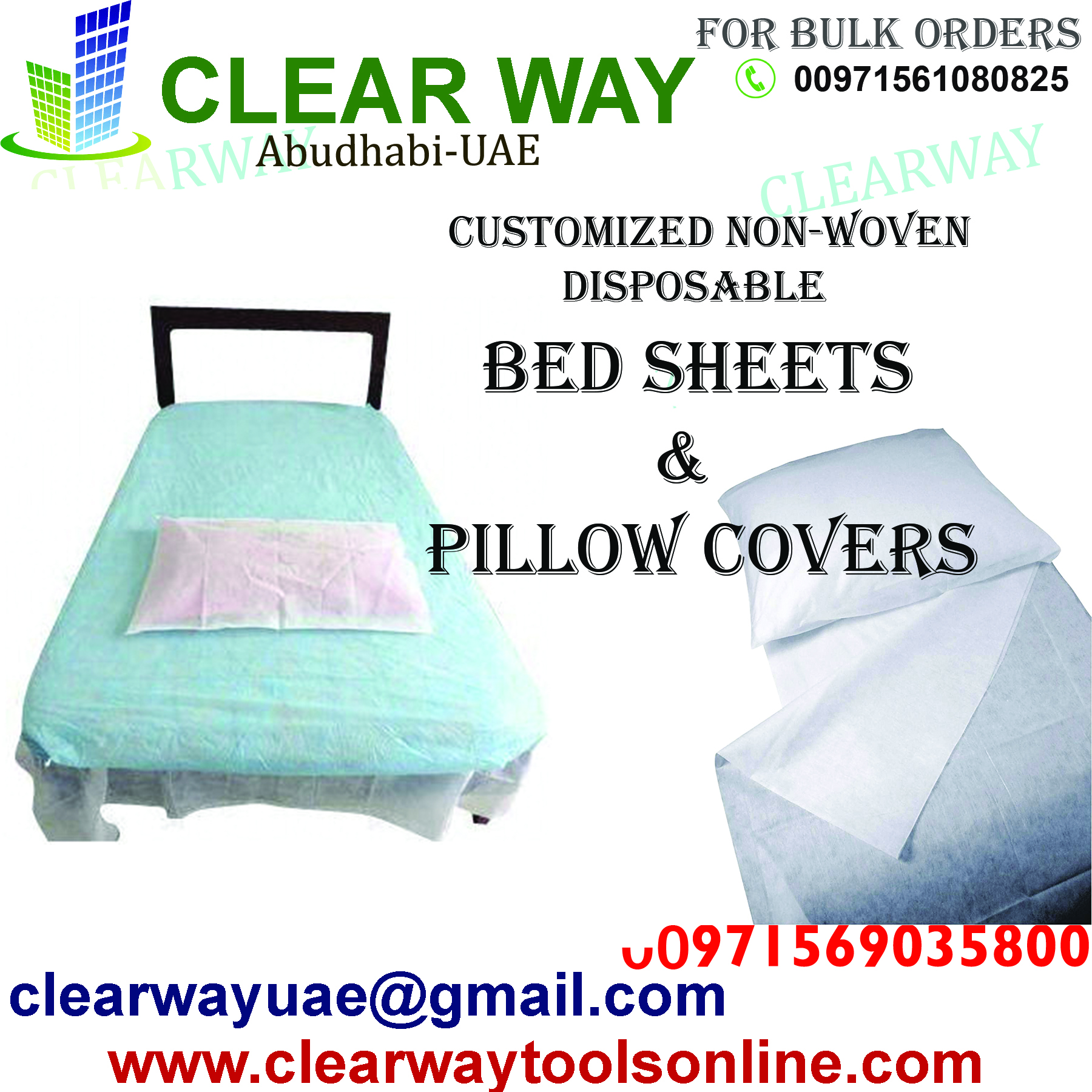 CUSTOMIZED NON WOVEN DISPOSABLE BEDSHEETS AND PILLOW COVERS DEALER N MUSSAFAH , ABUDHABI , UAE BY CLEARWAY