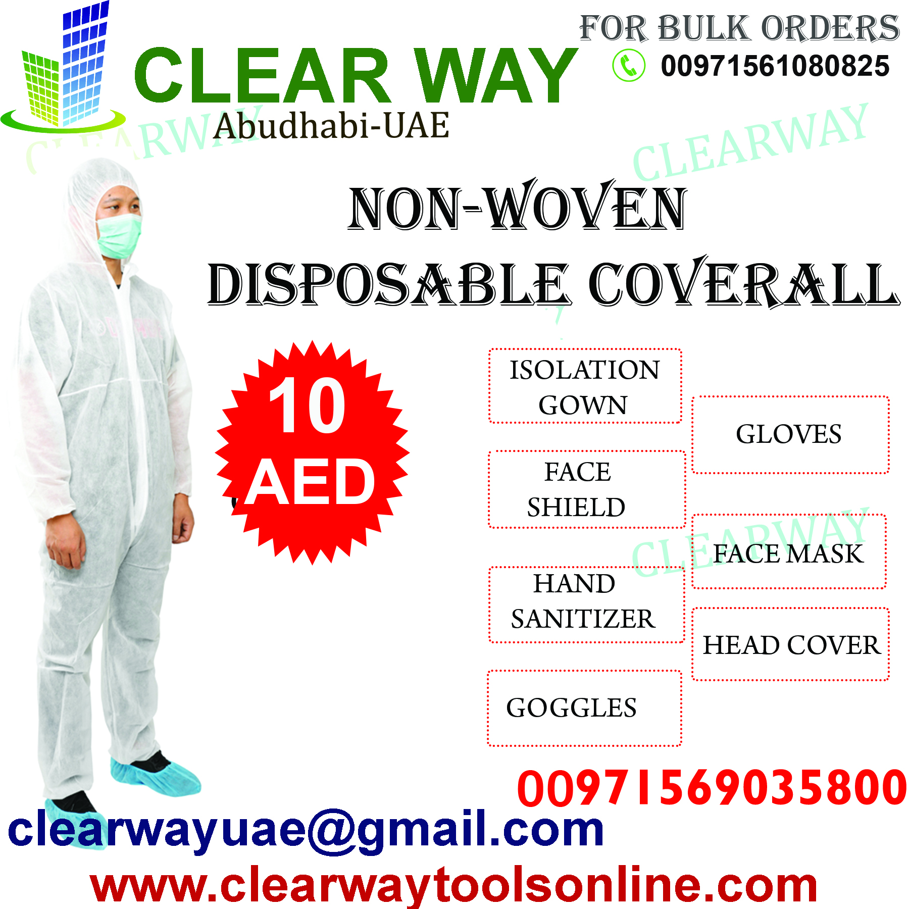 NON-WOVEN DISPOSABLE COVERALL DEALER IN MUSSAFAH , ABUDHABI , UAE BY CLEARWAY