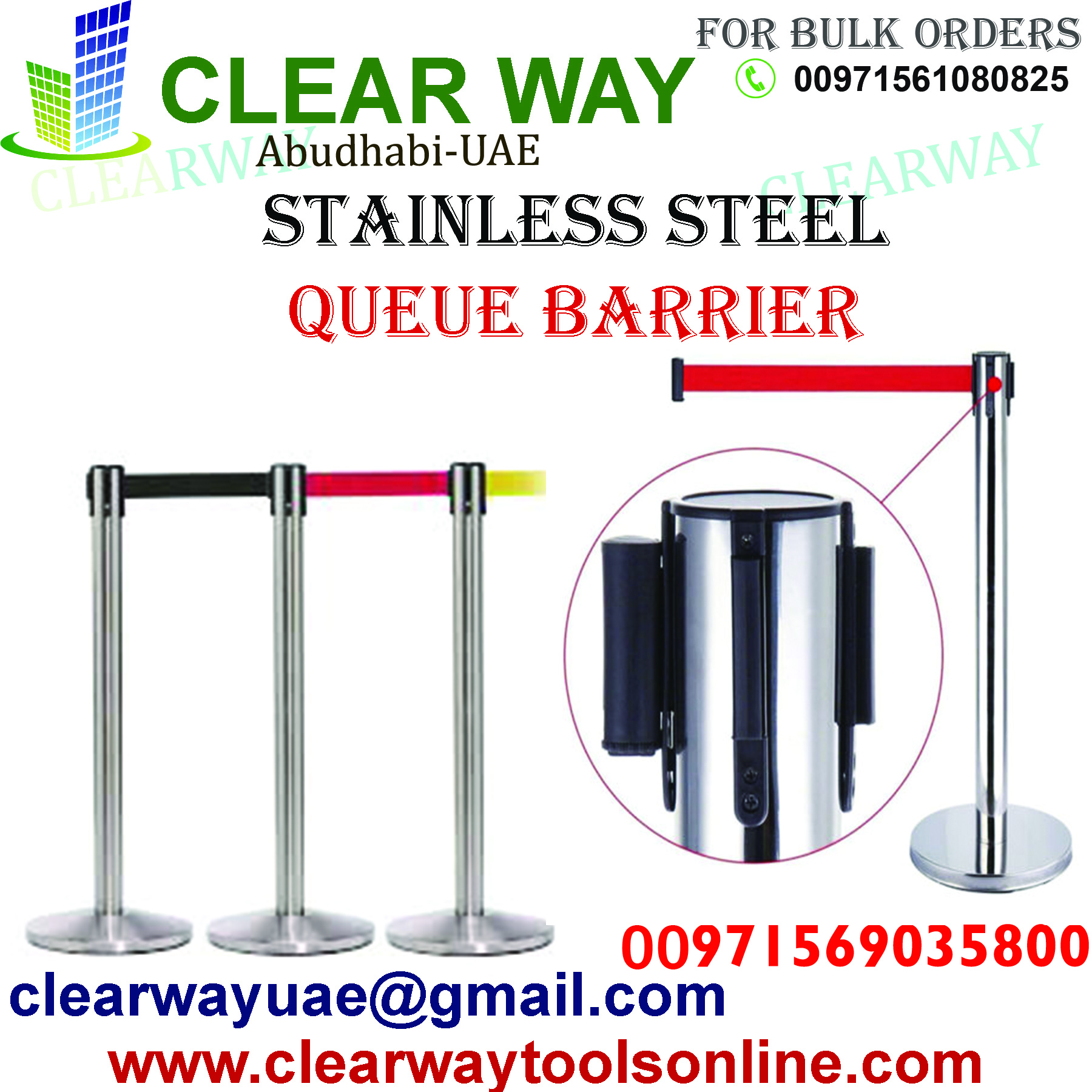 STAINLESS STEEL QUEUE BARRIER DEALER IN MUSSAFAH , ABUDHABI , UAE BY CLEARWAY
