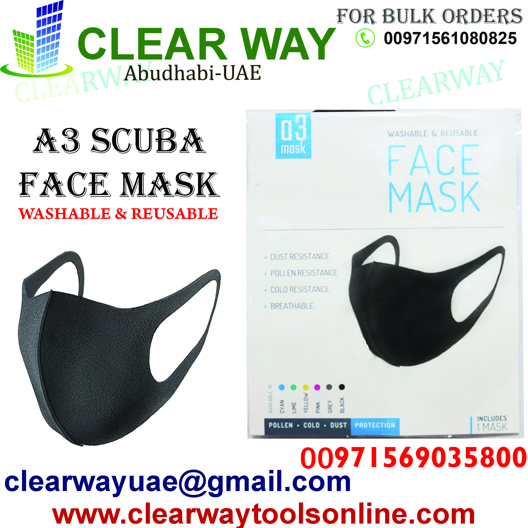 WASHABLE AND REUSABLE A3 SCUBA FACEMASK DEALER IN MUSSAFAH , ABUDHABI , UAE BY CLEARWAY