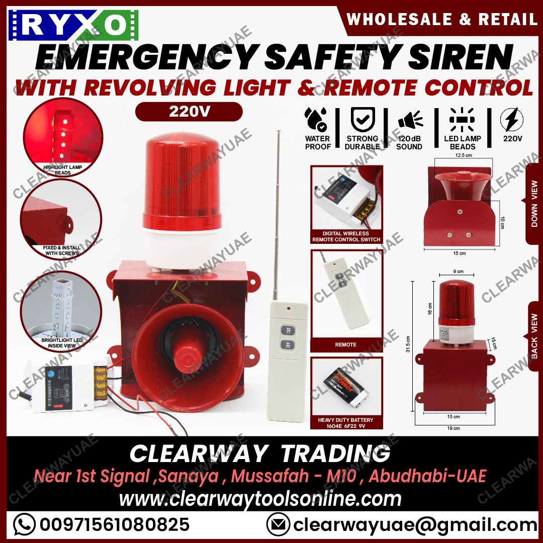EMERGENCY SAFETY SIREN WITH RED REVOLVING LIGHT AND REMOTE CONTROL SUPPLIER IN ABUDHABI , UAE , CLEARWAY , RYXO SAFETY