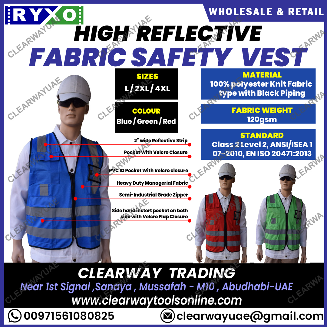 high reflective fabric safety vest supplier in mussafah , abudhabi , uae by clearway , ryxo safety
