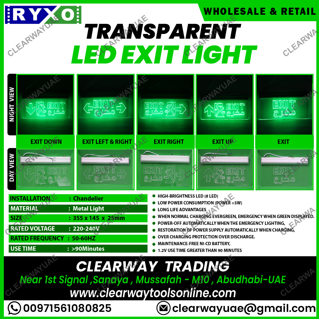 LED TRANSPARENT EXIT LIGHT SUPPLIER IN MUSSAFAH , ABUDHABI , UAE-CLEARWAY-RYXO SAFETY